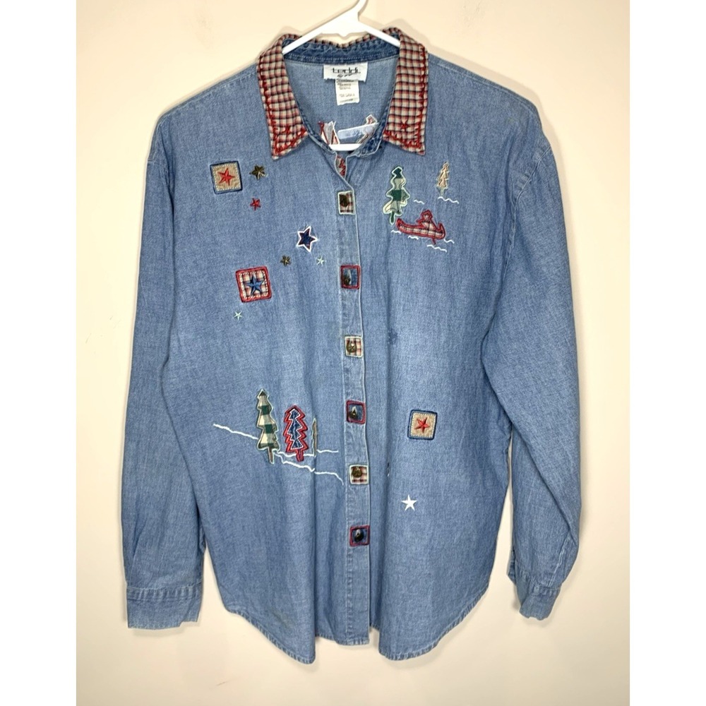 Teddi Chambray Shirt Womens Medium Applique Canoe Pine Trees Stars FLAW